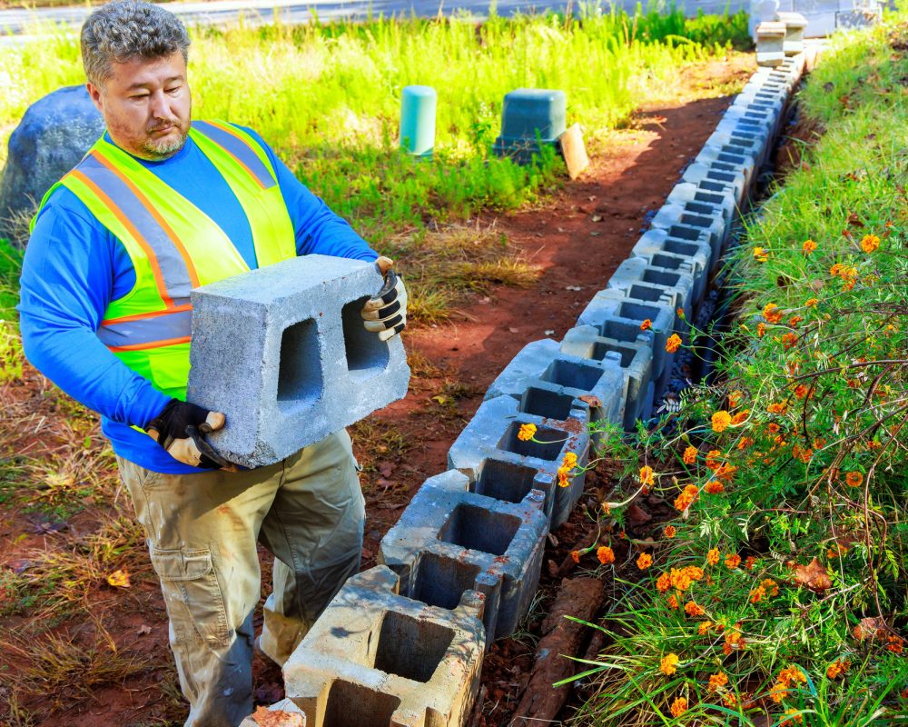 An installation of new wall was on construction site of a large block retaining wall An installation of new wall was on construction site of a large block retaining wall